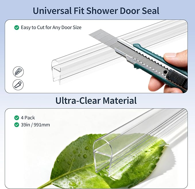 4PCS 39" Glass Shower Door Seal Strip, Shower Door Side Seal Strip for 3/8" (10mm) Frameless Glass, Ultra-Clear PVC Waterproof Door Bottom Seal, Easy to Install, No Adhesive Needed
