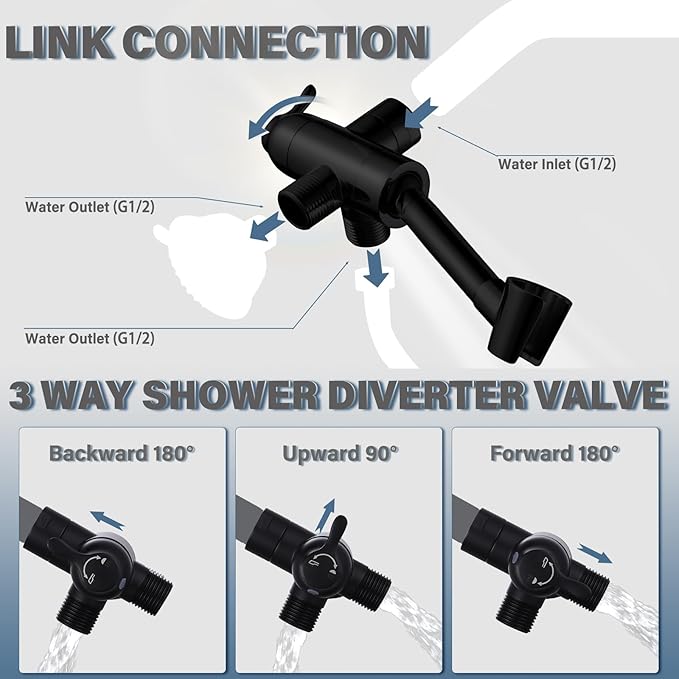 YDmeet All Metal Shower Diverter Valve With HandShower Holder - Upgraded 3 Way Shower Head for Handheld and Fixed Rain Showerhead - Universal G1/2 Arm, Bathroom Part, Matte Black