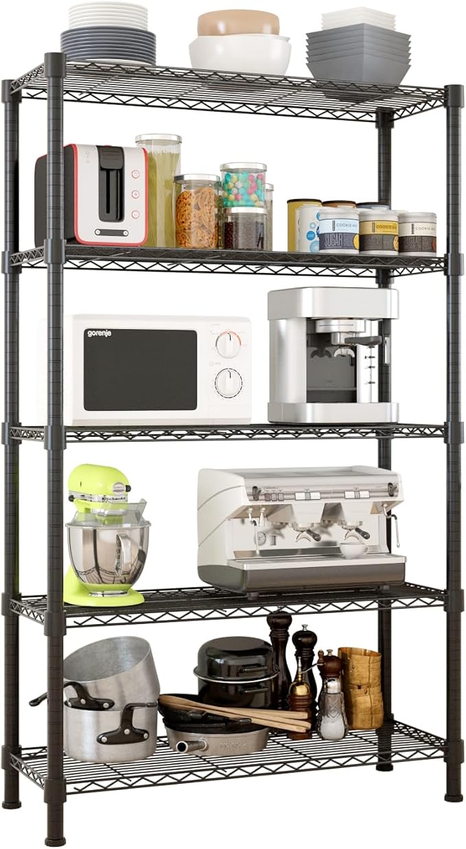 5 Tier Storage Racks Shelving, Heavy Steel Pantry Shelves, Adjustable Wire Shelving Rack, Suitable for Garage, Kitchen, Bathroom, Office, 35" W x 14" D x 71" H, Black