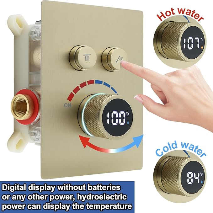 Digital Display Shower System Set 16 Inches Rain Fall Head Temperature Valve Shower Handheld Shower Head Sets for Bathroom Concealed Installation