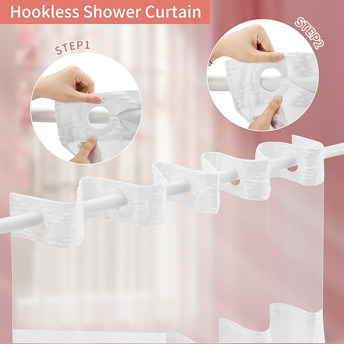 Hookless Shower Curtain with Snap in Liner 71" x 86" Double-Layer Waterproof Polyester Shower Curtain for Bathroom or Hotel Use,Removable Liner,Magnetic Hem,Large Rings,Machine Washable,White