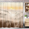 Riyidecor Misty Mountain Shower Curtain 72Wx72H Inch Brown Sunrise Nature Scenery Foggy Pine Tree Woodland Modern Natural Landscape Men Cool Bathroom Decor Fabric Polyester Waterproof 12 Pack Hooks