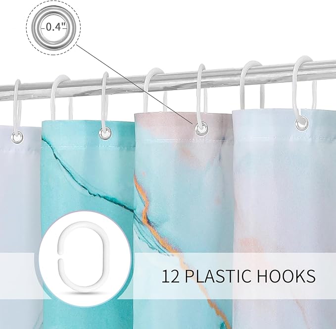 Gibelle Abstract Marble Shower Curtain, Teal Grey Fabric Shower Curtain for Bathroom, Modern Ink Art Decor Waterproof Shower Curtain Set with Hooks, 71x71