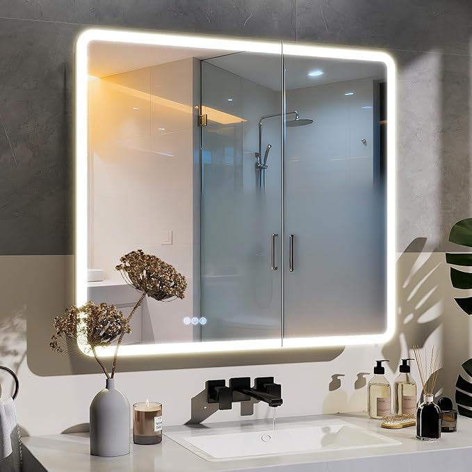 BEAUTYPEAK 36 x 32 LED Bathroom Medicine Cabinet Mirror, Adjustable Shelves, Silver Aluminum Cabinet, Anti-Fog Stepless Dimmable 3 Colors White/Natural/Warm, Easy to Install(Wall Mount/Recessed)