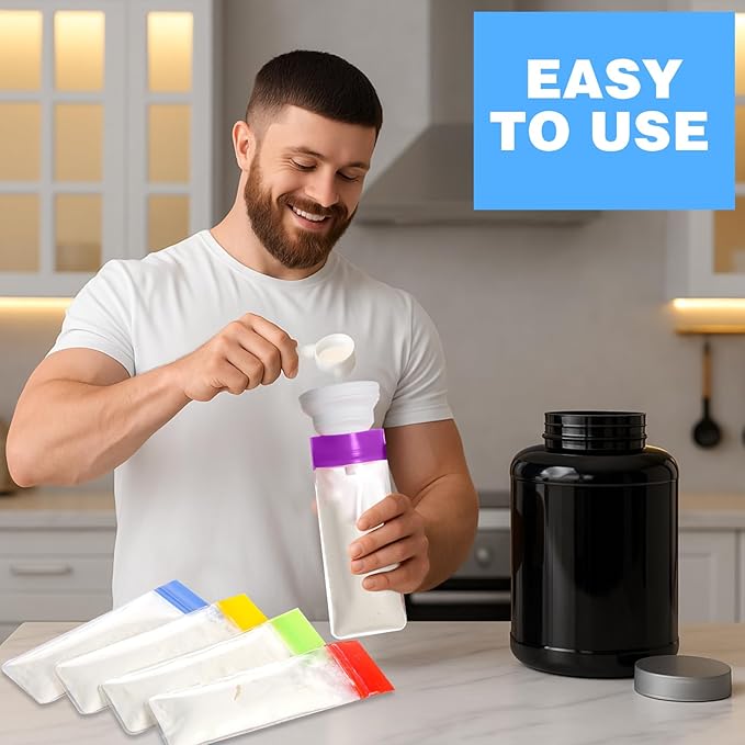 67pcs Protein Powder Travel Container Set 42 Single Dose Bags 6 Large Reusable Supplement Containers Portable Zip Pouches with Funnels Spoons Labels for Travel Gym Bath Salts Storage(Multicolor)