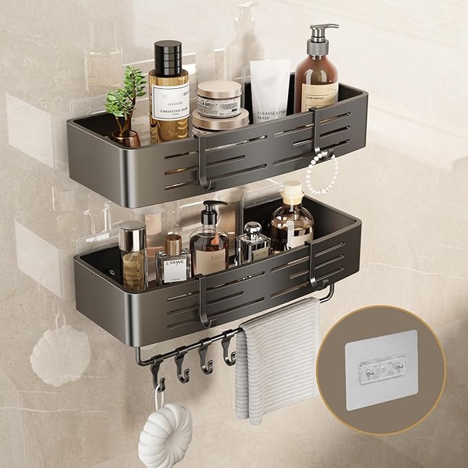 VOLPONE Shower Caddy No Drilling Shower Shelves for Inside Shower Heavy Duty Bathroom Organizer Storage Rack Adhesive with Towel Bar Hooks (2-Pack, Matte Gray)
