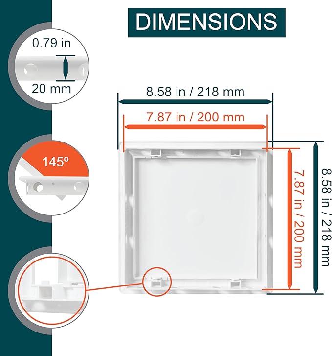 8" x 8" White Plastic Access Panel. Service Shaft Door Panel. Plumbing, Electricity, Heating, Alarm Wall Access Panel for Drywall. Bathroom Services Access Hole Cover. (8" x 8")