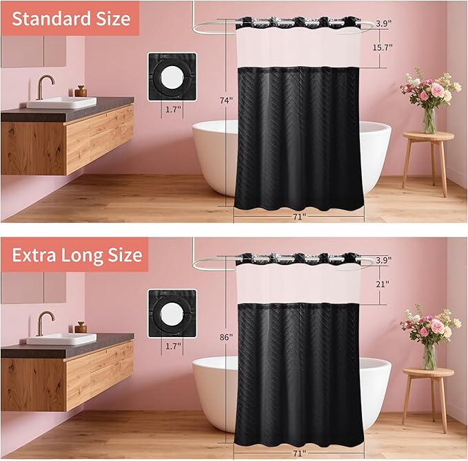 Hookless Shower Curtain with Snap in Liner 71" x 74" Double-Layer Waterproof Polyester Shower Curtain for Bathroom or Hotel Use,Removable Liner,Magnetic Hem,Large Rings,Machine Washable,Black