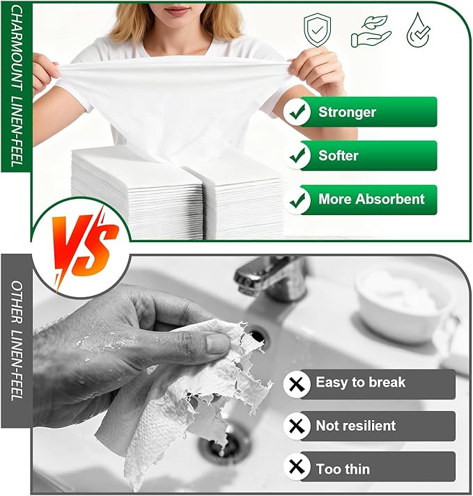 Charmount 300 Pack Disposable Paper Hand Towels Bulk, White Guest Towels Napkins for Bathroom, Linen-Feel Napkins Wedding, Party, Dinner, Everyday Use, or Decorative Cocktail