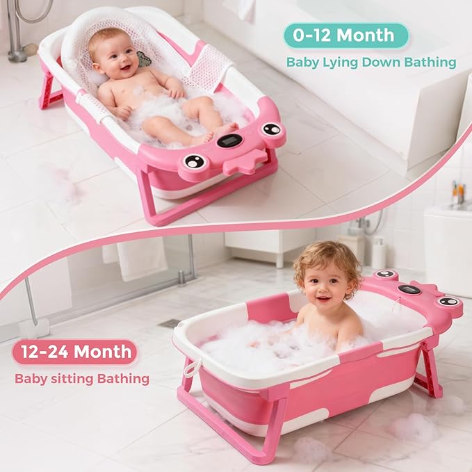 Baby Bathtub,Collapsible Baby Bath Tub with Soft Cushion & Thermometer, Space Saving Foldable & Travel Newborn Bathtub for Infant to Toddler 0-36 Months, Frog Gray