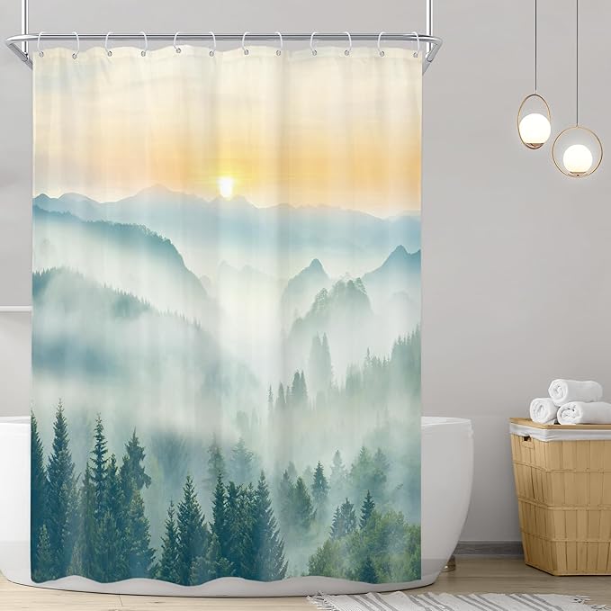 Riyidecor Small Stall Mountain Shower Curtain 48Wx72H Inch Rv Narrow Green Sunset Sunrise Scenery Landscape Woodland Greenery View Bathroom Decor Fabric Polyester Waterproof 8 Pack Hooks