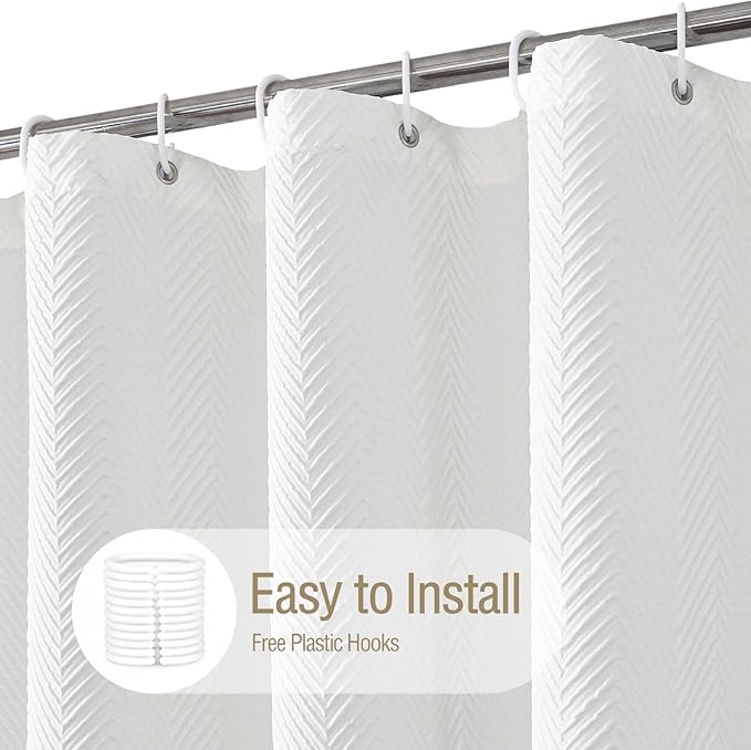Gibelle Extra Long Shower Curtain 72 x 84, Tall 3D Embossed Textured White Fabric Shower Curtain, Modern Farmhouse Herringbone Decorative Bathroom Curtains Shower Set with Hooks