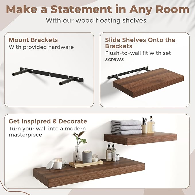 12 Inch Square Floating Shelves for Wall 2 Pack, 12"D Wood Grain Bathroom Shelves with Invisible Brackets, Easy Install Engineered Wood Storage Shelves for Kitchen, Living Room, Bedroom, Walnut Finish
