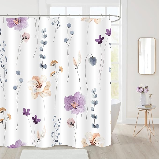 Gibelle Watercolor Floral Shower Curtain, Purple Beige Flower Shower Curtain for Bathroom, Modern Minimalist White Waterproof Fabric Shower Curtain Set 72x72 Inch