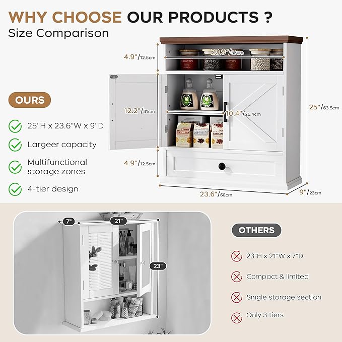 Bathroom Wall Cabinet, Farmhouse Wall Mounted Medicine Cabinet with Drawer, Barn Doors and Adjustable Shelf, 25"H x 23.6"W x 9"D White Over Toilet Storage Cabinet for Kitchen, Laundry Room, Entryway