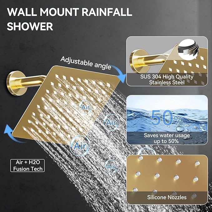 Brushed Gold Shower System with Body Jets, Bostingner 4 Way Shower Faucet Set with 2 in1 Handheld,Ceiling Mount 10 Inch Shower Head with 6 Inch Shower Head,4Pcs Body Jets With Dual Head Shower Set