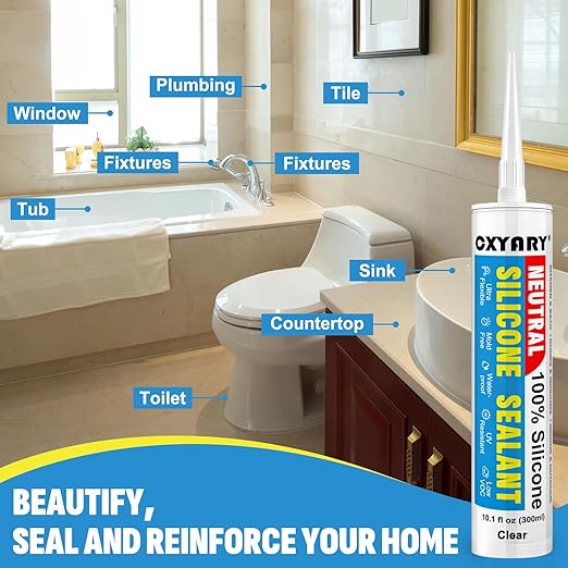 Silicone Caulk & Sealant Clear, 6 Pack - 100% Waterproof Silicone Sealant, Silicone Caulking for Kitchen and Bathroom, Toilet, Sink, Window ＆ Door Use, Shrink & Crack Proof (10.1 FL.OZ/300ml)