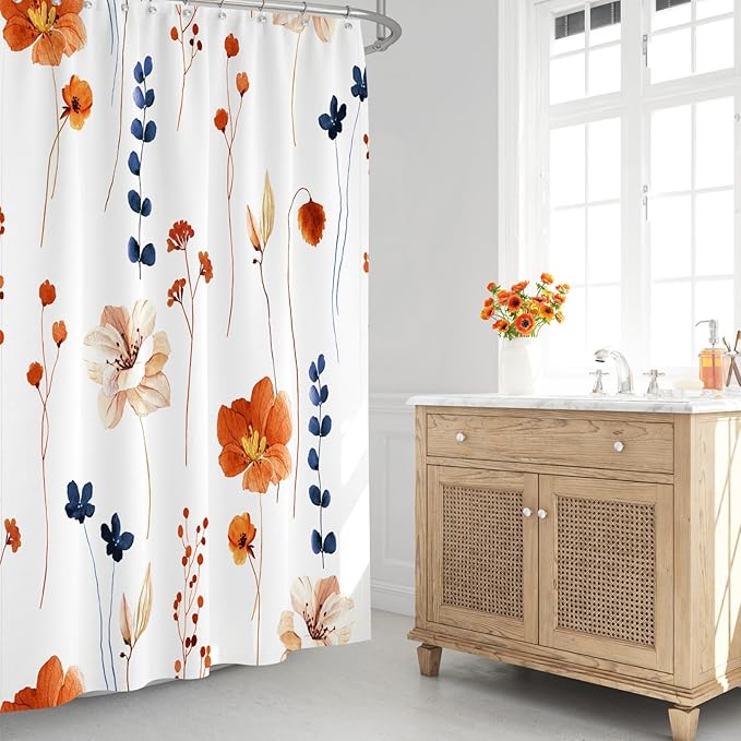 Gibelle Watercolor Floral Shower Curtain, Retro Orange Navy Flower Shower Curtain for Bathroom, Modern Minimalist Aesthetic Waterproof Fabric Shower Curtain Set 72x72 Inch