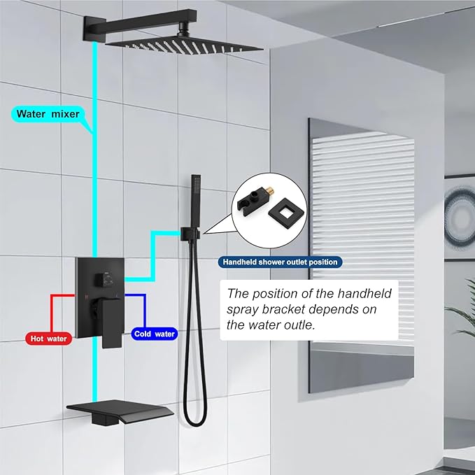 Midanya Rain Shower System with Tub Spout,Tub Shower Faucet Set with rainfall Shower Head and Handheld Spray,Wall Mount Tub Shower Combo Rough-in Valve Included,10 Inch Matte Black