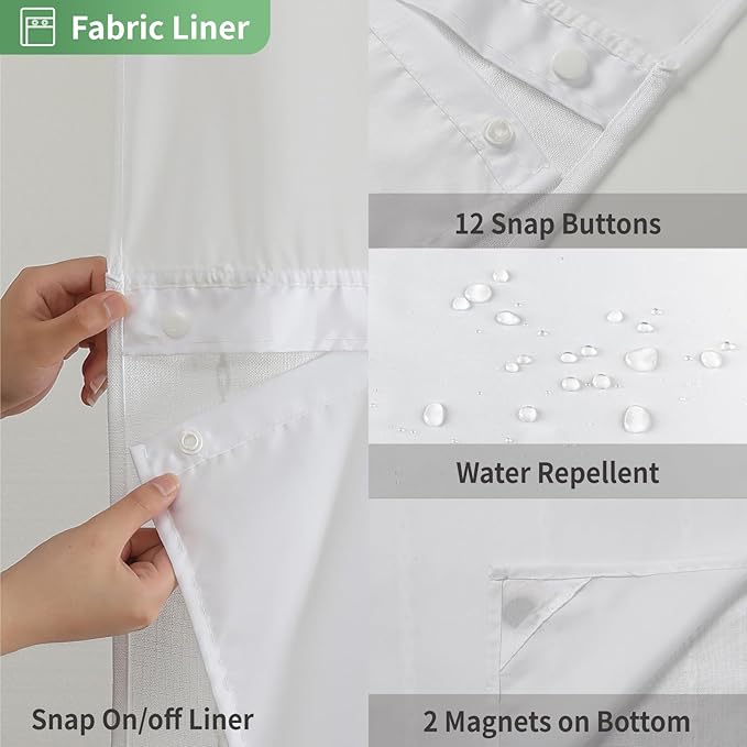 No Hook Long Shower Curtain Set with Snap-in Fabric Liner,Linen Ultra Thick Fabric with Tassels,Boho Chic Modern Farmhouse Country Neutral Cloth Shower Curtains for Bathroom,White,71x80