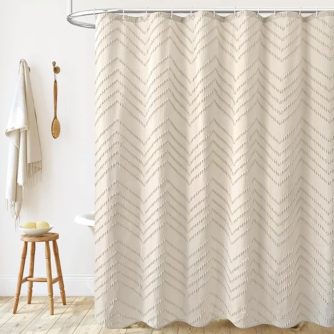 Beige Boho Shower Curtain 72 x 72 Modern Farmhouse Shower Curtain Bohemian Chic Tufted Chevron Textured Striped Minimalist Shower Curtains Woven Fabric Beige Shower Curtains