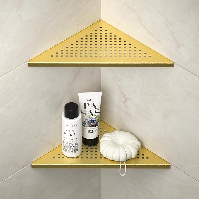 Corner Shower Shelves 10", Brushed Gold 304 Stainless Steel Recessed Bathroom Shelf, Grout in Shelf Rack for Tiled Wall, 2 Pack