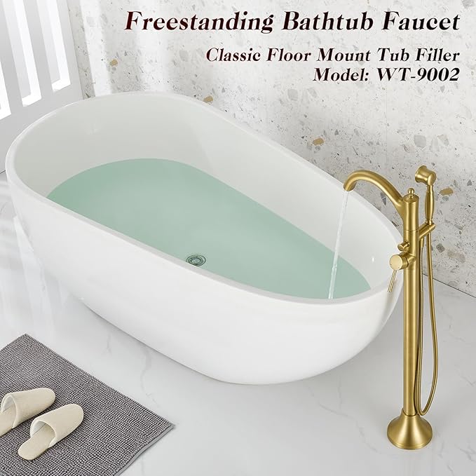 Free Standing Tub Faucet, Brushed Gold Classic Freestanding Bathtub Faucet with Vintage Hand Shower Brass High Flow Rate Floor Mount Tub Filler Swivel Spout Roman Tub Faucet Set (WT-9002BG)