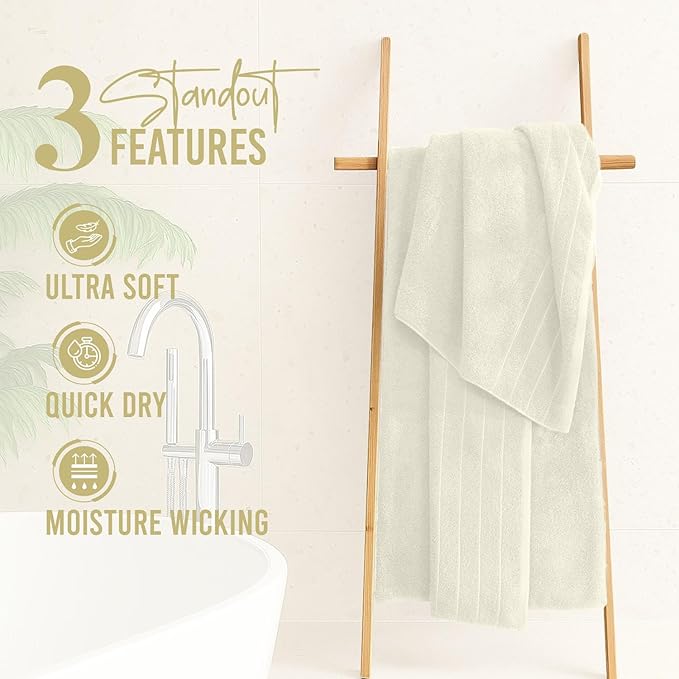 DAN River Extra Large Bath Towels Set of 4, 30 x 60 Inches - 100% Cotton Larger & Lighter Weight Towels for Bathroom - Quicker to Dry, Super Soft & Highly Absorbent Towels for Home, Ivory