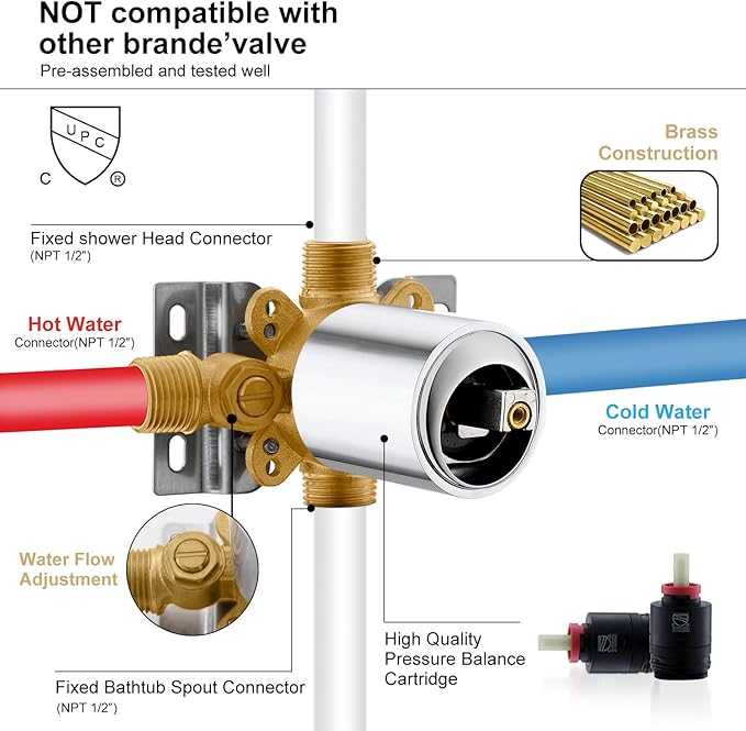 KENES Chrome Tub and Shower Trim Kit, Square Tub Shower Faucet Set Complete with 6-Inch Rainfall Shower Head and Tub Spout, KE-6025A-5 (Shower Valve Included)