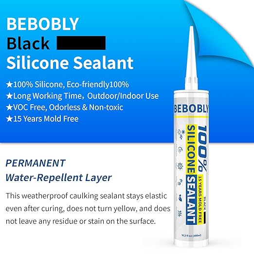 Black Silicone Caulk & Sealant, 100% Waterproof Silicone Caulking, Silicone Sealant Caulking for Kitchen, Bathroom, RV, Interior & Exterior Use, Shrink & Crack Proof, 10.2 FL. OZ/300ML, 1 Pack