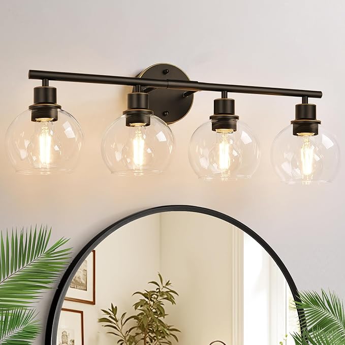 4-Light Bathroom Light Fixtures, Oil Rubbed Bronze Bathroom Lights Over Mirror with Clear Glass Globe Shade, Vanity Lights for Bathroom Kitchen Living Room Hallway Cabinet Bedroom Porch