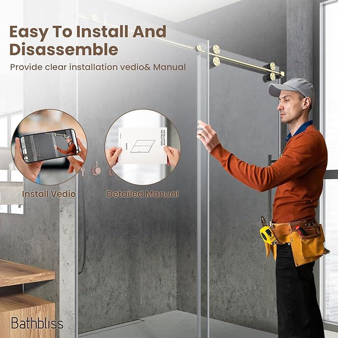 Bathbliss Glass Shower Door 56"-60" Wx76 H,Frameless Sliding Glass Door with 5/16"(8mm) Tempered Glass Shower with Brushed Gold Finish