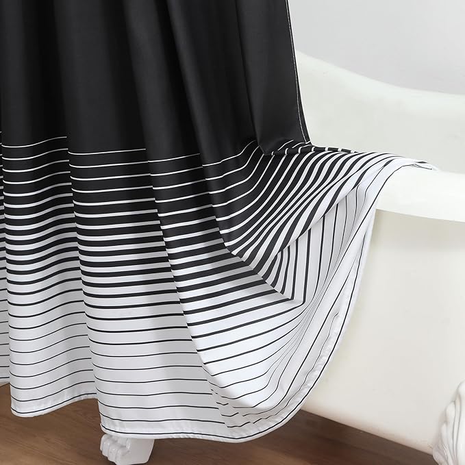 90 Inch Black Shower Curtain, Extra Long Modern Black and White Gradient Horizontal Stripe Waterproof Polyester Shower Curtains for Bathroom, 72x90 Inches