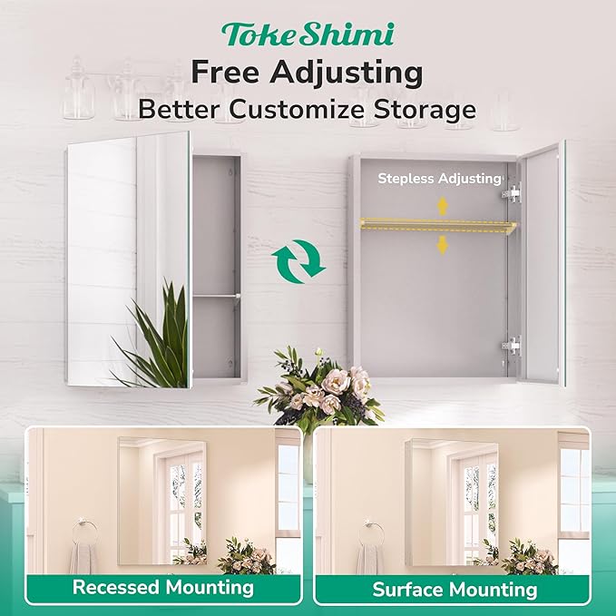 TokeShimi 14x18 Recessed Medicine Cabinet with Mirror Aluminum, Frameless Bathroom Mirror with Storage Stepless Adjustable, Silver Surface Mount Medicine Cabinet for Bathroom Farmhouse
