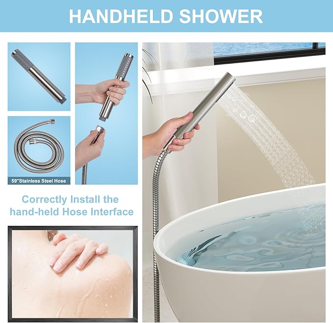 Freestanding Bathtub Faucet, Floor Mount Bathtub Faucet with 2 Water Outlet Mode, Swivel Gooseneck Spout with Hand Shower, Brass Single Handle Tub filler, Max Flow Rate 7.4 GPM,Brushed Nickel