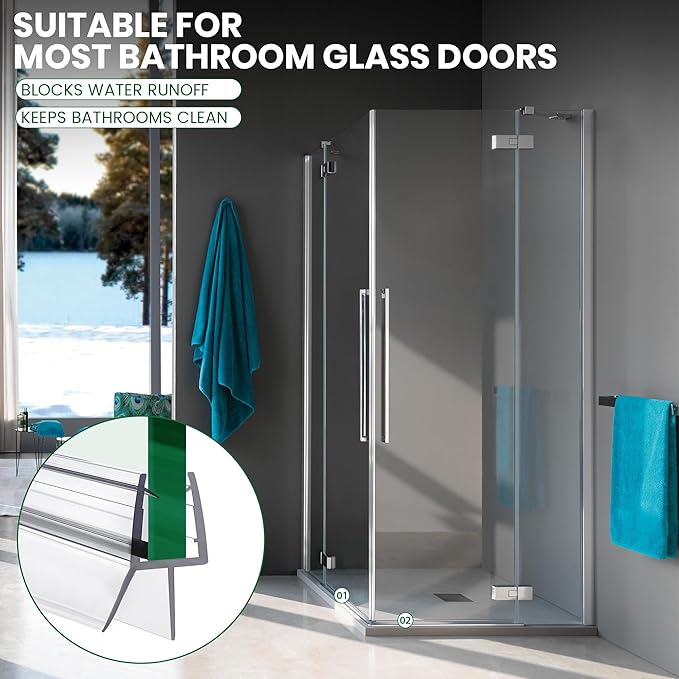 Shower Glass Door Bottom Seal, 2PCS 36 Inch Ultra Clear PVC Seal Strip with Sweep for 3/8"(10mm) Thick Frameless Glass Door, to Stop Water Leakage