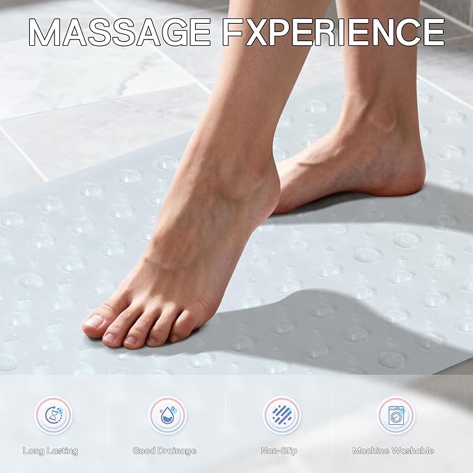 Anti-Slip Bathtub Shower mat, 39.3×15.7 inch（Approximately 100 × 40cm） Soft Oversized Machine Washable Non-Slip Bathtub mat with Drainage Holes, Bathroom Floor Suction Cup.（1-Clear White）