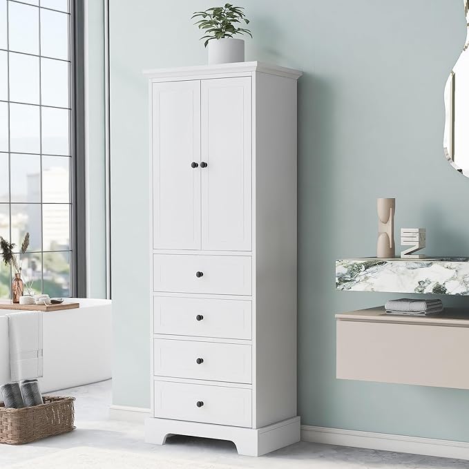 Favfurish 68" Tall Bathroom Storage Cabinet with Doors and 4 Drawers,Modern Linen Cabinets w/Adjustable Shelves & Anti-Tipping Device,Freestanding Organizer for Bath Room,Study,Office,Kitchen White