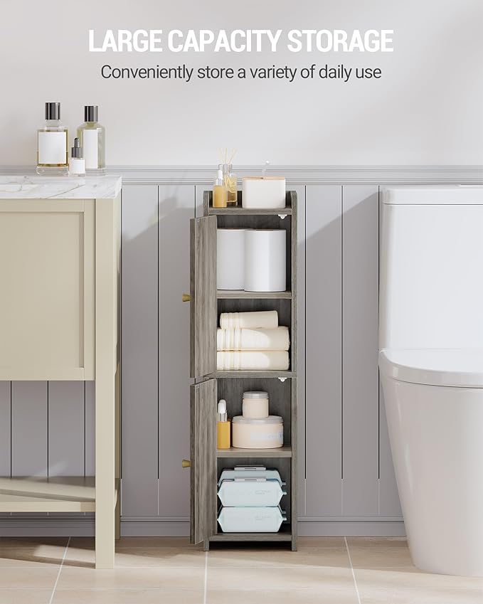 Bathroom Storage Cabinet, Corner Floor Cabinet with 2 Doors and Adjustable Shelf, Narrow Toilet Paper Cabinets, Bathroom Organizer for Small Spaces, 7.9" D x 7.9" W x 29.5" H Greige