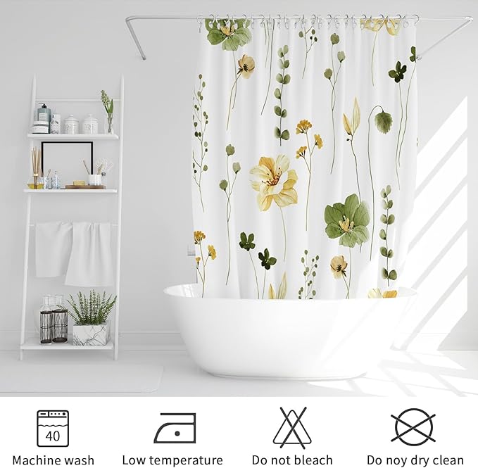 Gibelle Extra Long Shower Curtain 72 x 84, Watercolor Floral Fabric Shower Curtain, Olive Green Beige Flower Decorative Bathroom Shower Curtain Set