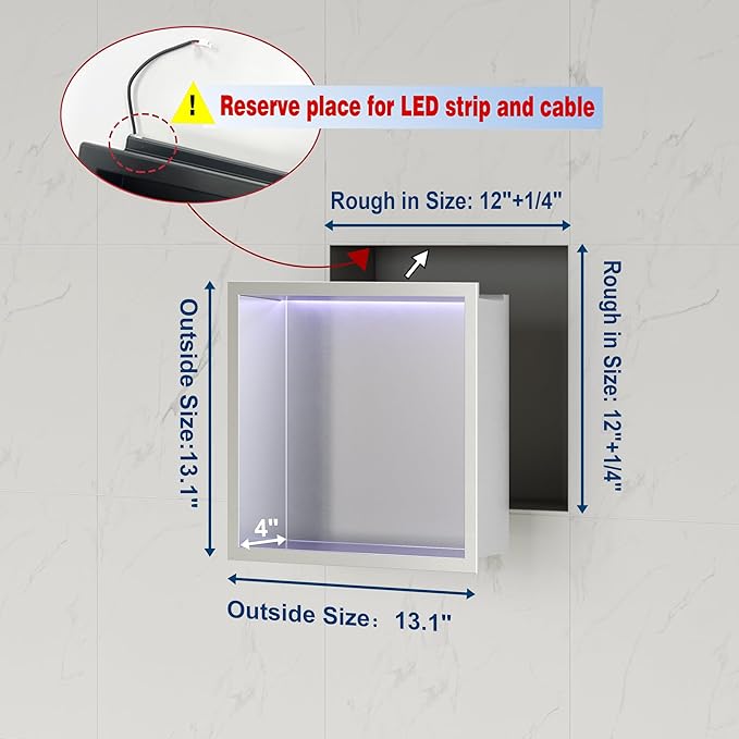 12X12 RGB Shower Niche, Brushed Nickel Stainless Steel LED Wall Niche, No Tile Needed Recessed Storage for Bathroom Storage Built-in Installation