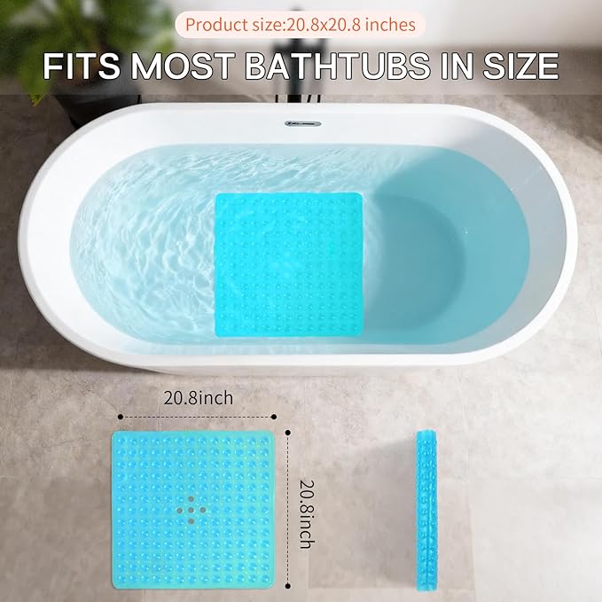 Anti-Slip Bathtub Shower mat, 20.8×20.8（Approximately 53×53cm） inch Soft Oversized Machine Washable Non-Slip Bathtub mat with Drainage Holes, Bathroom Floor Suction Cup.（1-Clear Green）