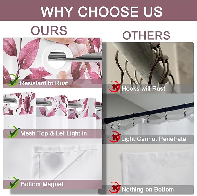 No Hook Shower Curtain and Liner Set, Dark Red Eucalyptus Floral Shower Curtains for Bathroom, Bath Curtain Sets with Snap in Liner, Waterproof with See Through Top Window, 71x84 Inches