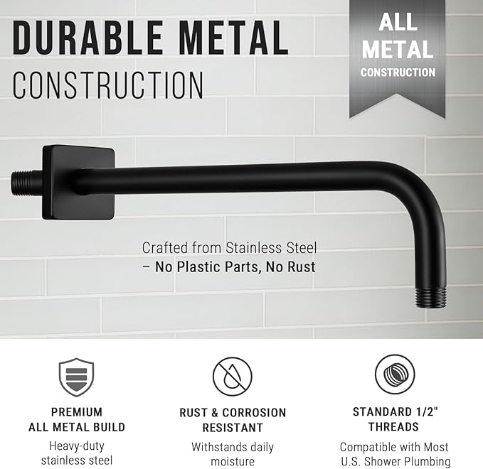 G-Promise All Metal 15.2-Inch Shower Arm with Flange, Wall-Mounted Stainless Steel 90 Degree Shower Extension Pipe Replacement for Fixed Shower Heads, Matte Black