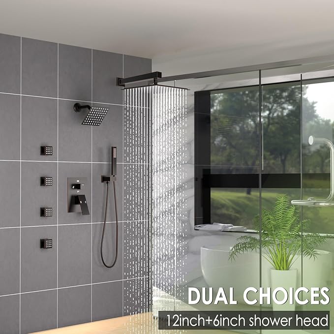 Enga Dual Shower Head System with Body Jets, 12"+ 6" Wall Mounted Dual Rain Shower Faucet with Valve Kit, Oil Rubbed Bronze