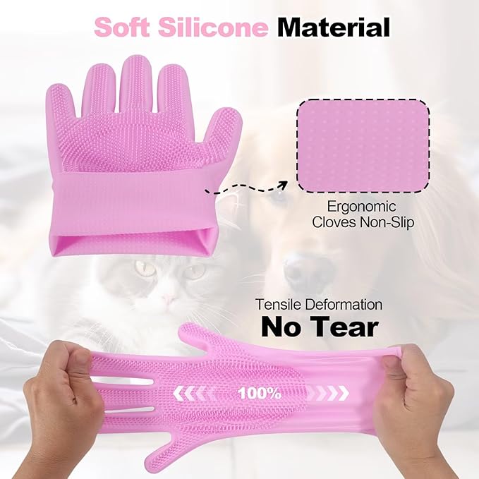 Pet Grooming Gloves and Brush Set, Dog and Cat Bath Scrubber Silicone Gloves Small