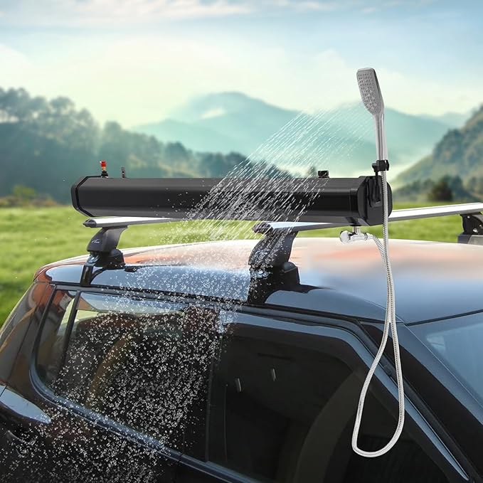 TFCFL 7.93 Gallon Roof Rack Mount Road Shower, High Pressure Outdoor Camping Shower with Long Hose, Portable Camping Solar Shower for Camping, Hiking, Beach, Pet & Gear Cleaning, Black