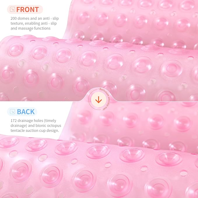 Anti-Slip Bathtub Shower mat, 39.3×15.7 inch（Approximately 100 × 40cm） Soft Oversized Machine Washable Non-Slip Bathtub mat with Drainage Holes, Bathroom Floor Suction Cup.（1-Clear Pink）