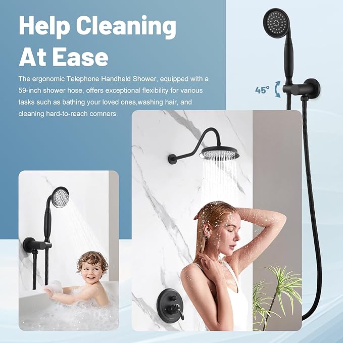 Antique Shower Head Faucet Set,Matte Black Vintage Wall Mount Shower Faucets Combo With Handheld Spray,Bathroom Rainfall Shower System Trim Kit With Brass Pressure Balance Valve & 9''Shower Head