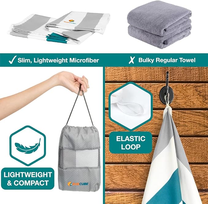 SUN CUBE Microfiber Beach Towel, Quick Dry Sand Free Beach Towel, Lightweight, Compact for Travel Swim Sports Camping, Packable Sand Resistant Towel Adult - Light Grey 78x35 Inches